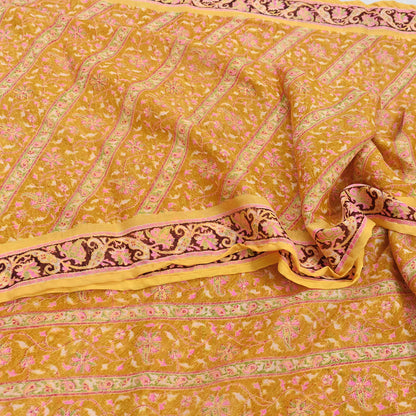Indian Vintage Sari Yellow Pure Silk Printed Saree 6yd Sewing Craft Fabric DressMaking Soft