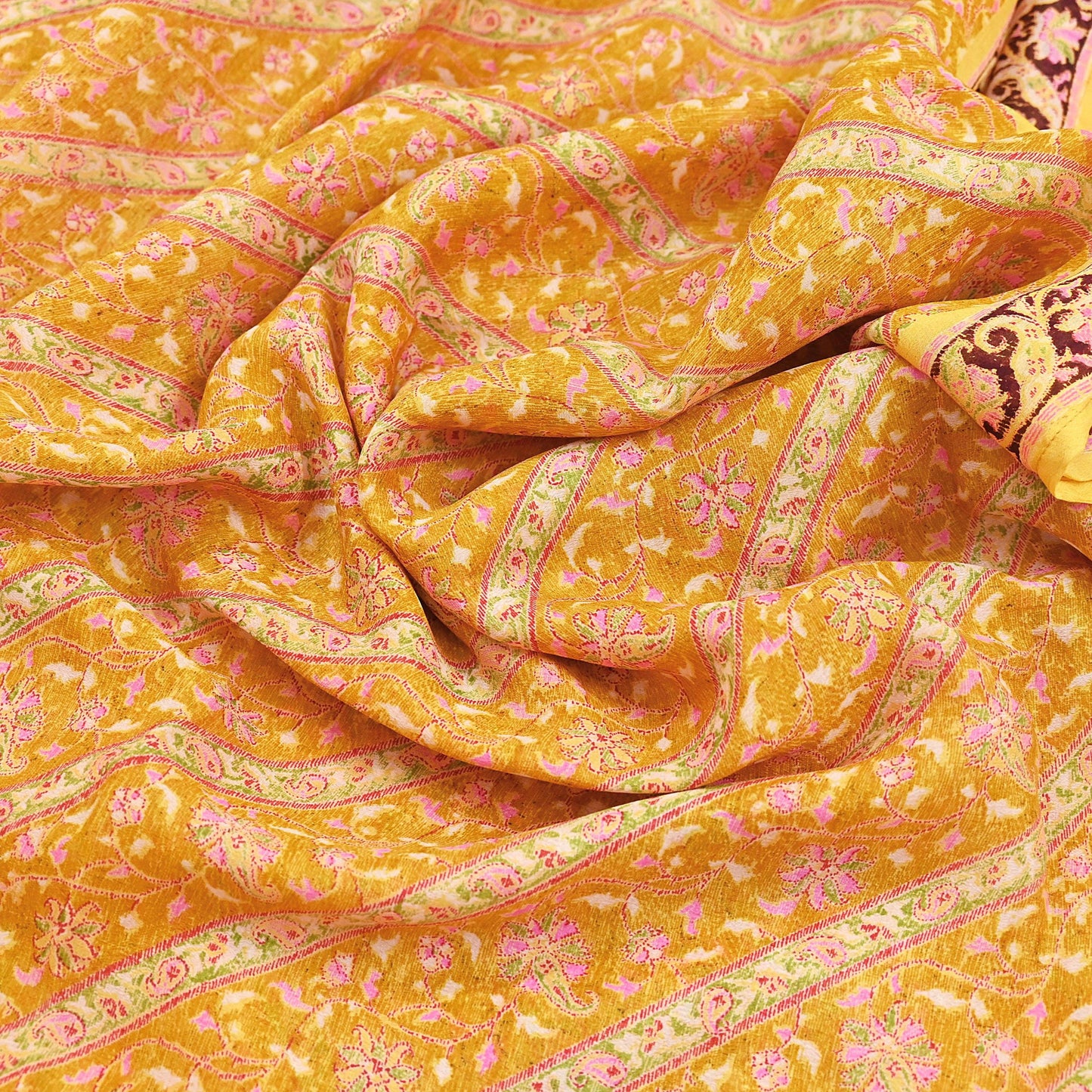 Indian Vintage Sari Yellow Pure Silk Printed Saree 6yd Sewing Craft Fabric DressMaking Soft