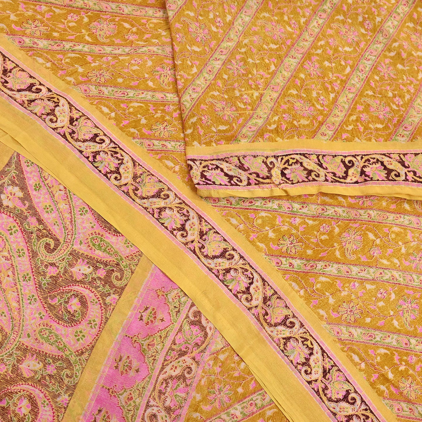 Indian Vintage Sari Yellow Pure Silk Printed Saree 6yd Sewing Craft Fabric DressMaking Soft