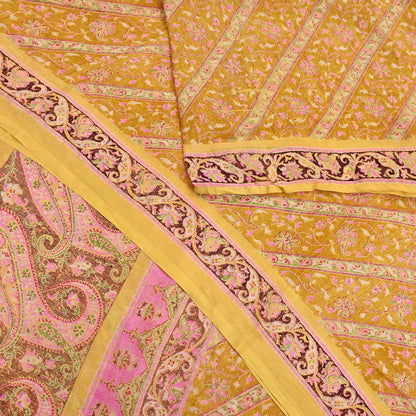 Indian Vintage Sari Yellow Pure Silk Printed Saree 6yd Sewing Craft Fabric DressMaking Soft