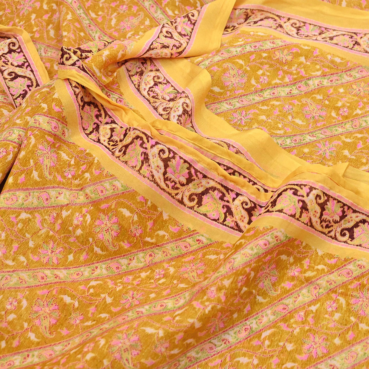 Indian Vintage Sari Yellow Pure Silk Printed Saree 6yd Sewing Craft Fabric DressMaking Soft