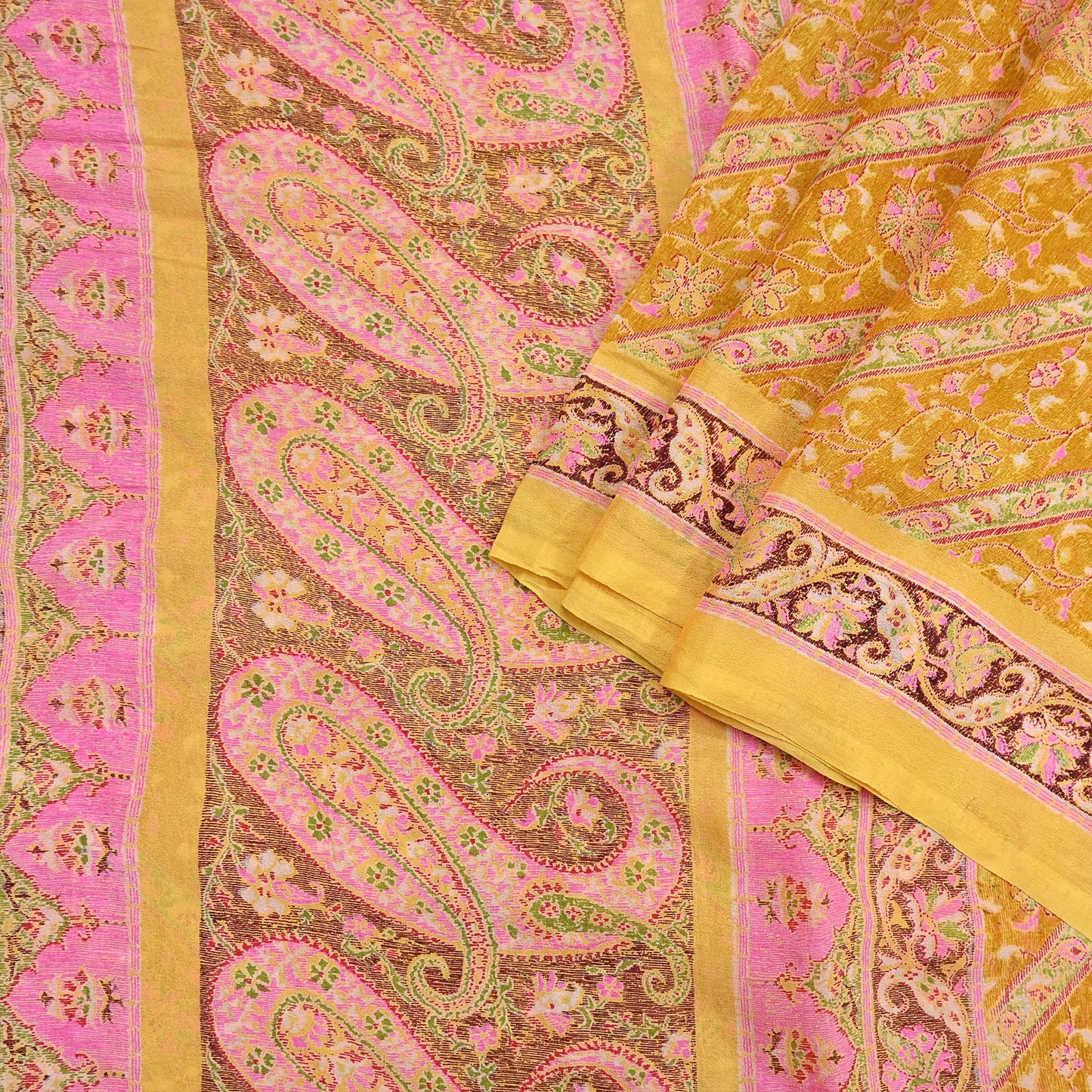 Indian Vintage Sari Yellow Pure Silk Printed Saree 6yd Sewing Craft Fabric DressMaking Soft