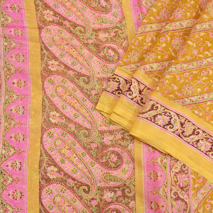 Indian Vintage Sari Yellow Pure Silk Printed Saree 6yd Sewing Craft Fabric DressMaking Soft