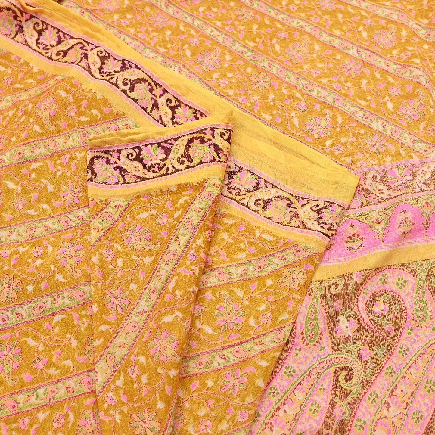Indian Vintage Sari Yellow Pure Silk Printed Saree 6yd Sewing Craft Fabric DressMaking Soft