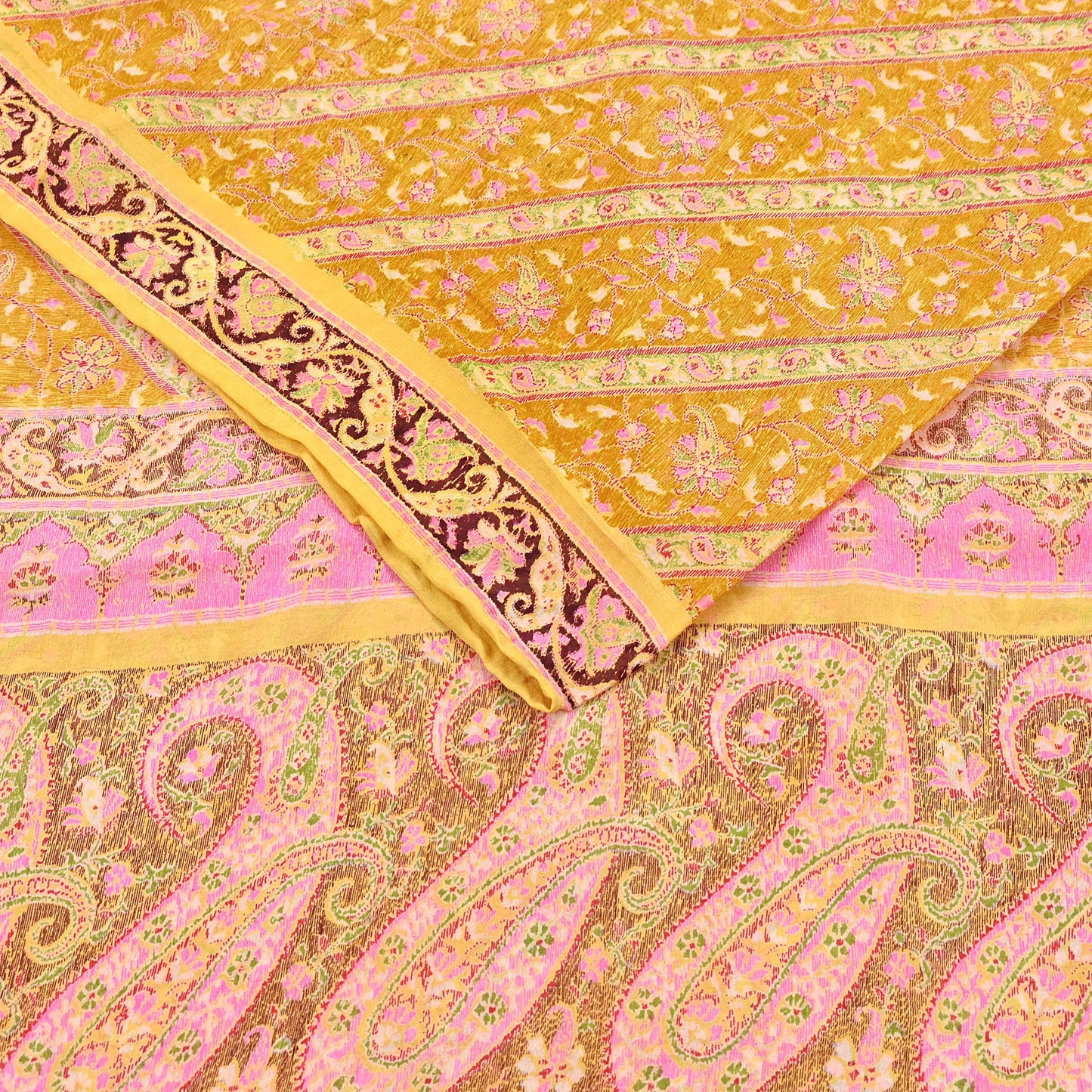 Indian Vintage Sari Yellow Pure Silk Printed Saree 6yd Sewing Craft Fabric DressMaking Soft
