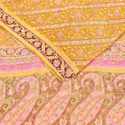 Indian Vintage Sari Yellow Pure Silk Printed Saree 6yd Sewing Craft Fabric DressMaking Soft