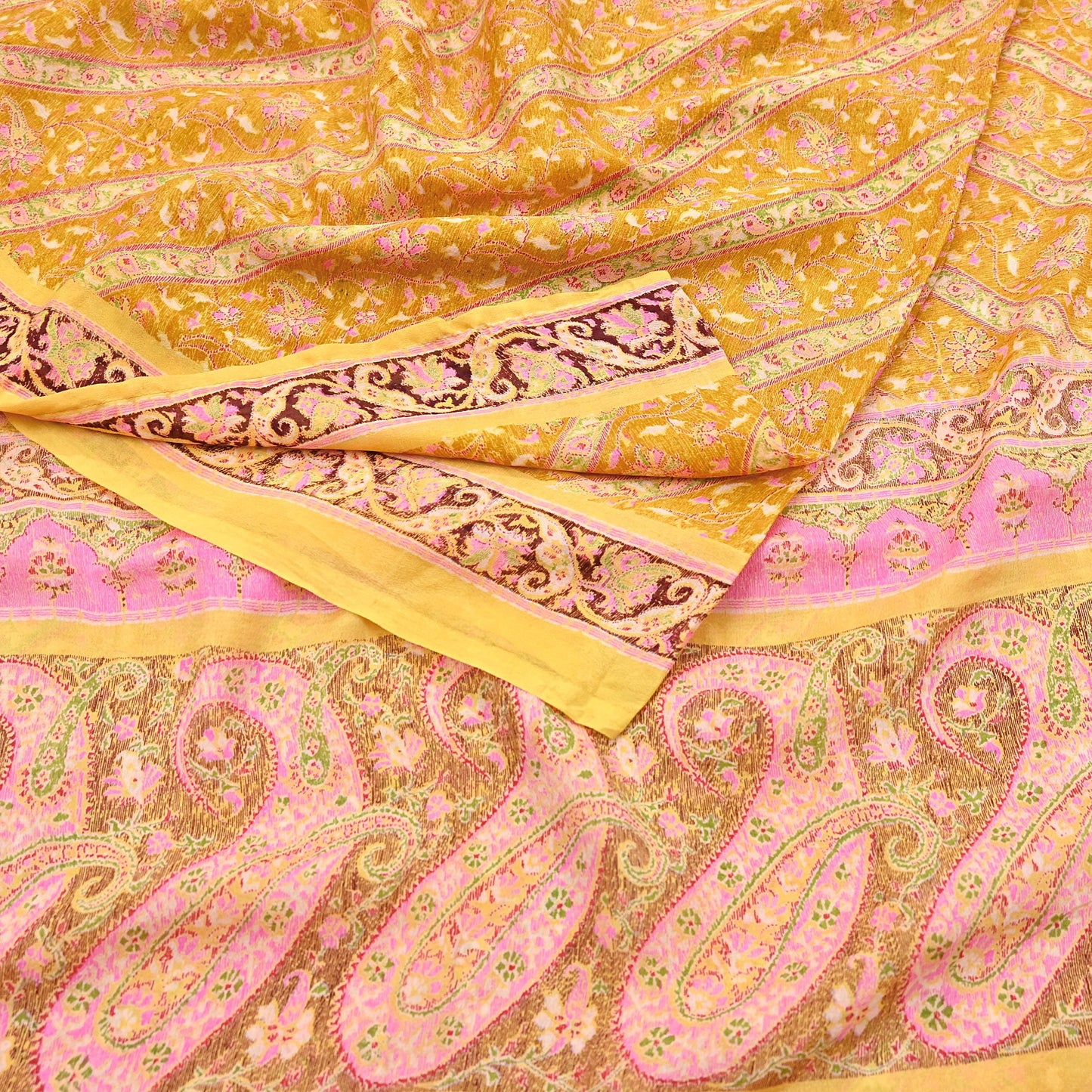 Indian Vintage Sari Yellow Pure Silk Printed Saree 6yd Sewing Craft Fabric DressMaking Soft