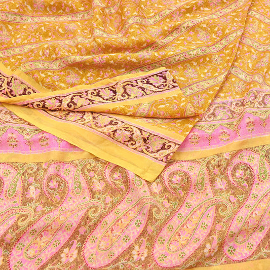 Indian Vintage Sari Yellow Pure Silk Printed Saree 6yd Sewing Craft Fabric DressMaking Soft