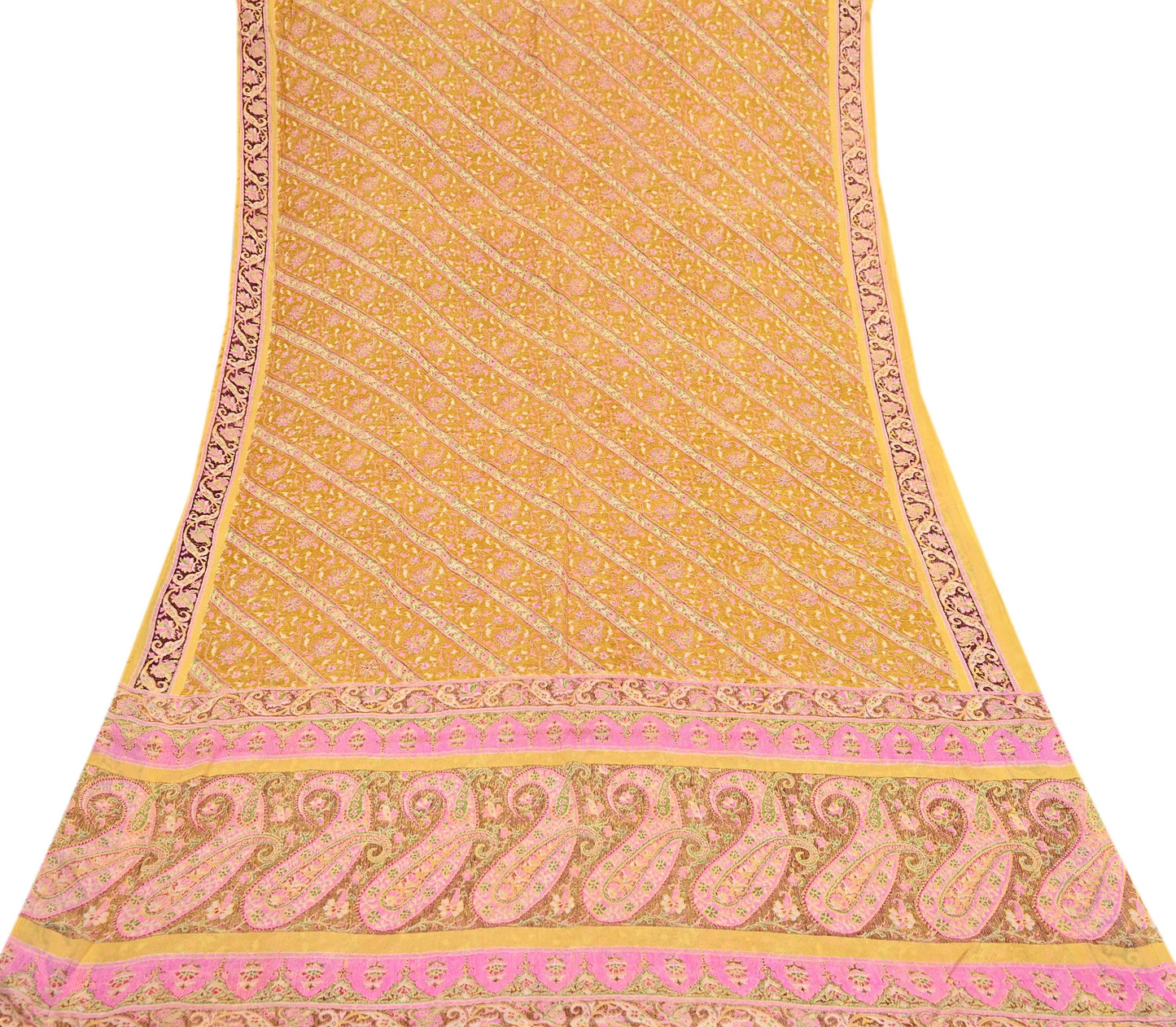 Indian Vintage Sari Yellow Pure Silk Printed Saree 6yd Sewing Craft Fabric DressMaking Soft