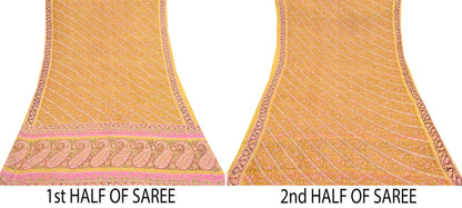 Indian Vintage Sari Yellow Pure Silk Printed Saree 6yd Sewing Craft Fabric DressMaking Soft