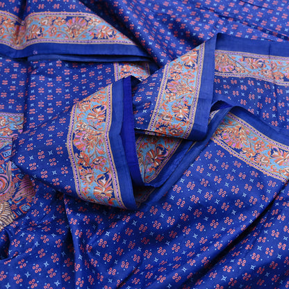 Indian Vintage Sari Blue 100% Pure Silk Printed Saree Craft Fabric 5yd Sewing Dress Making Soft Wrap Quilting Crafting Upcycle
