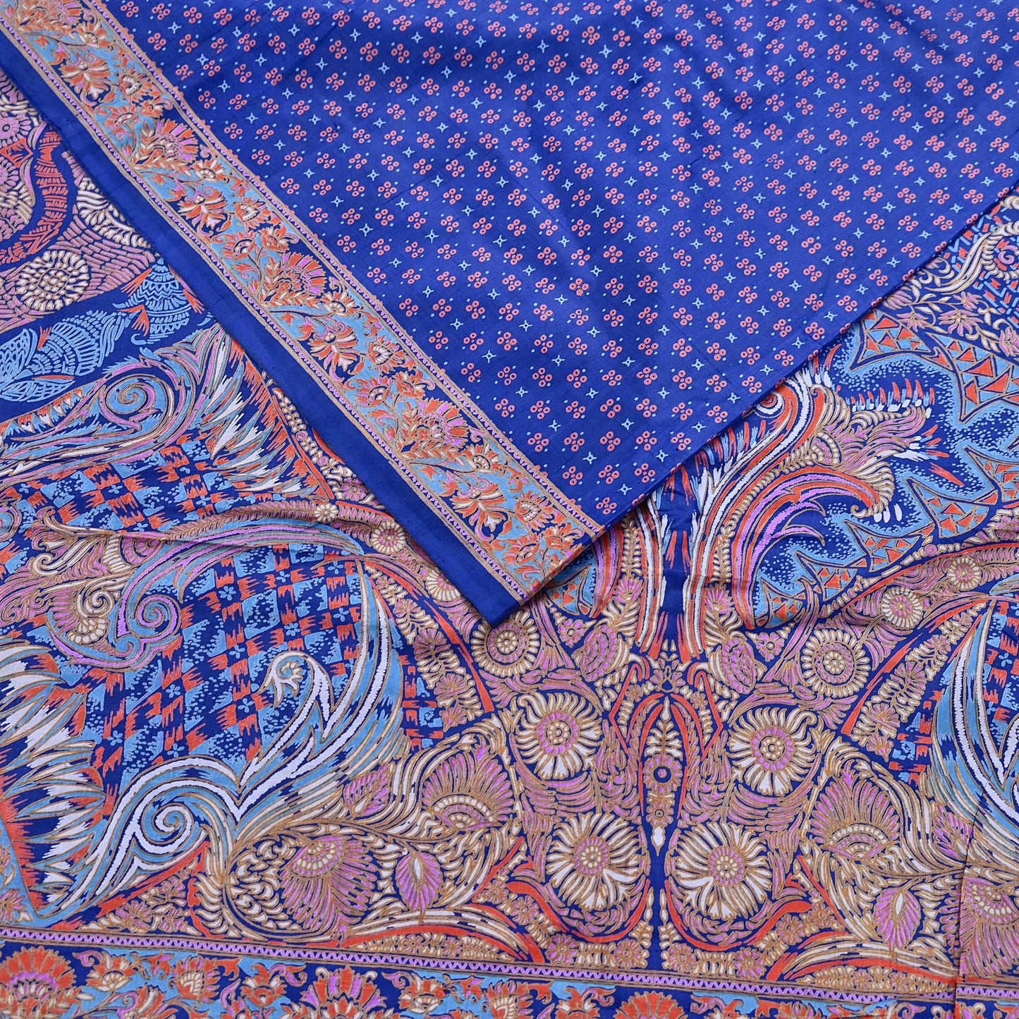 Indian Vintage Sari Blue 100% Pure Silk Printed Saree Craft Fabric 5yd Sewing Dress Making Soft Wrap Quilting Crafting Upcycle