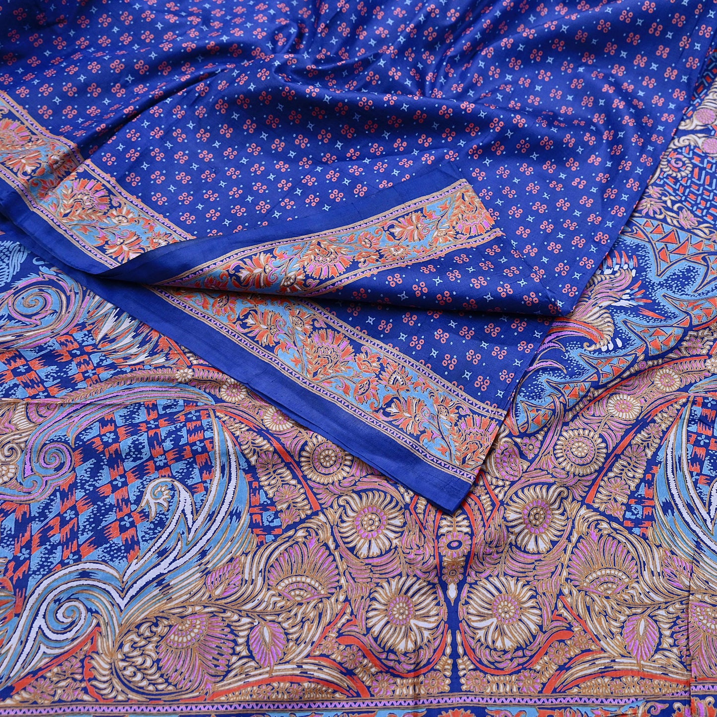 Indian Vintage Sari Blue 100% Pure Silk Printed Saree Craft Fabric 5yd Sewing Dress Making Soft Wrap Quilting Crafting Upcycle