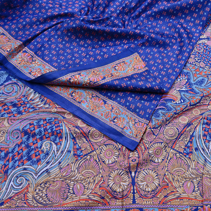 Indian Vintage Sari Blue 100% Pure Silk Printed Saree Craft Fabric 5yd Sewing Dress Making Soft Wrap Quilting Crafting Upcycle