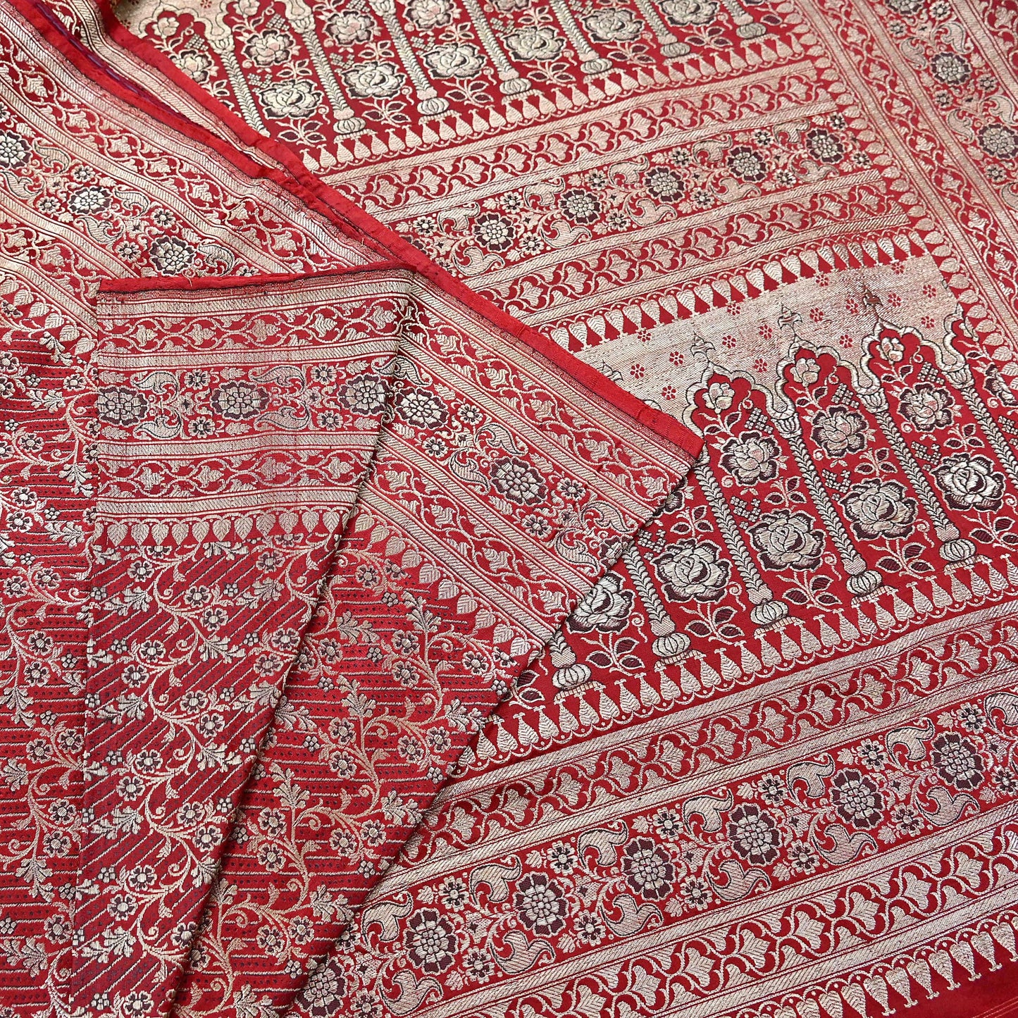 Indian Vintage Sari Red Heavy Wedding Pure Satin Silk Woven Banarasi Brocade Saree Zari 5Yd Craft Fabric Ethnic Dress making Crafting