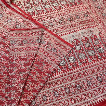 Indian Vintage Sari Red Heavy Wedding Pure Satin Silk Woven Banarasi Brocade Saree Zari 5Yd Craft Fabric Ethnic Dress making Crafting