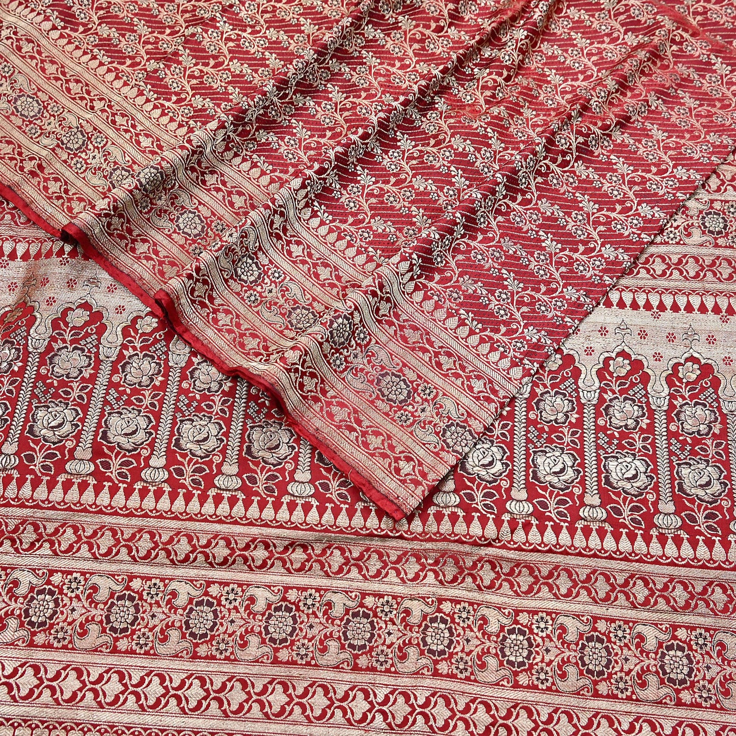 Indian Vintage Sari Red Heavy Wedding Pure Satin Silk Woven Banarasi Brocade Saree Zari 5Yd Craft Fabric Ethnic Dress making Crafting