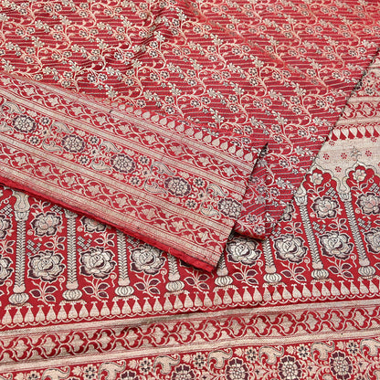Indian Vintage Sari Red Heavy Wedding Pure Satin Silk Woven Banarasi Brocade Saree Zari 5Yd Craft Fabric Ethnic Dress making Crafting