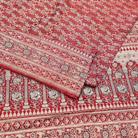 Indian Vintage Sari Red Heavy Wedding Pure Satin Silk Woven Banarasi Brocade Saree Zari 5Yd Craft Fabric Ethnic Dress making Crafting