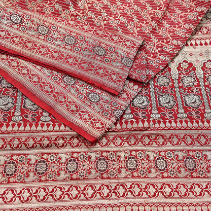 Indian Vintage Sari Red Heavy Wedding Pure Satin Silk Woven Banarasi Brocade Saree Zari 5Yd Craft Fabric Ethnic Dress making Crafting