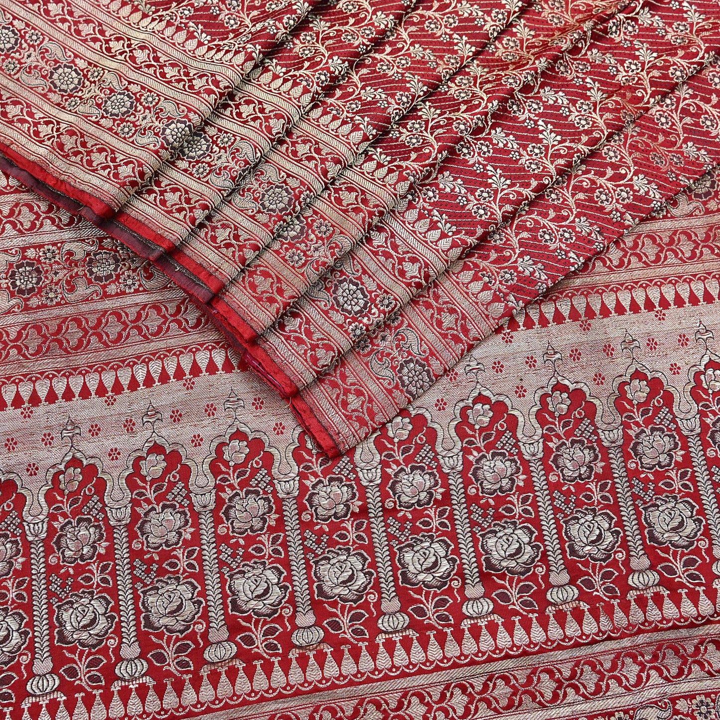 Indian Vintage Sari Red Heavy Wedding Pure Satin Silk Woven Banarasi Brocade Saree Zari 5Yd Craft Fabric Ethnic Dress making Crafting