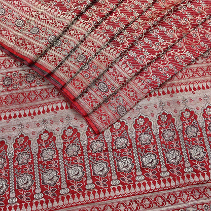 Indian Vintage Sari Red Heavy Wedding Pure Satin Silk Woven Banarasi Brocade Saree Zari 5Yd Craft Fabric Ethnic Dress making Crafting