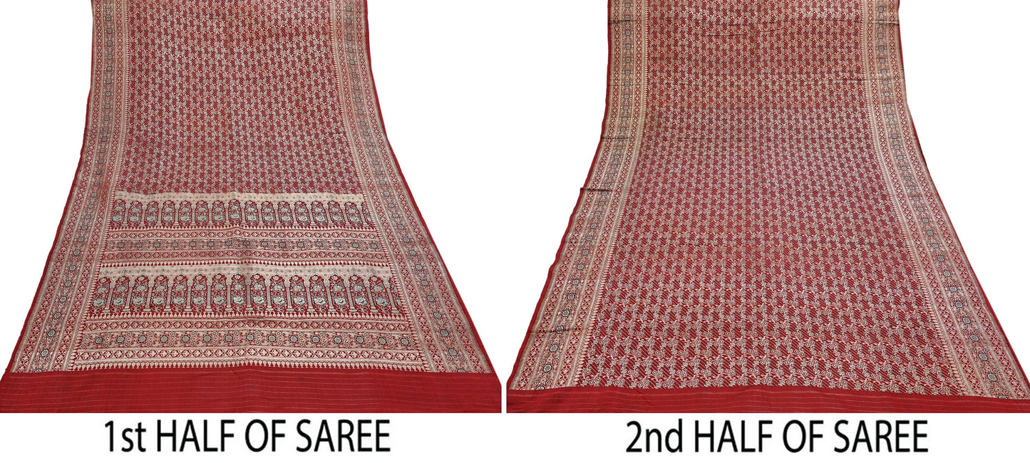 Indian Vintage Sari Red Heavy Wedding Pure Satin Silk Woven Banarasi Brocade Saree Zari 5Yd Craft Fabric Ethnic Dress making Crafting