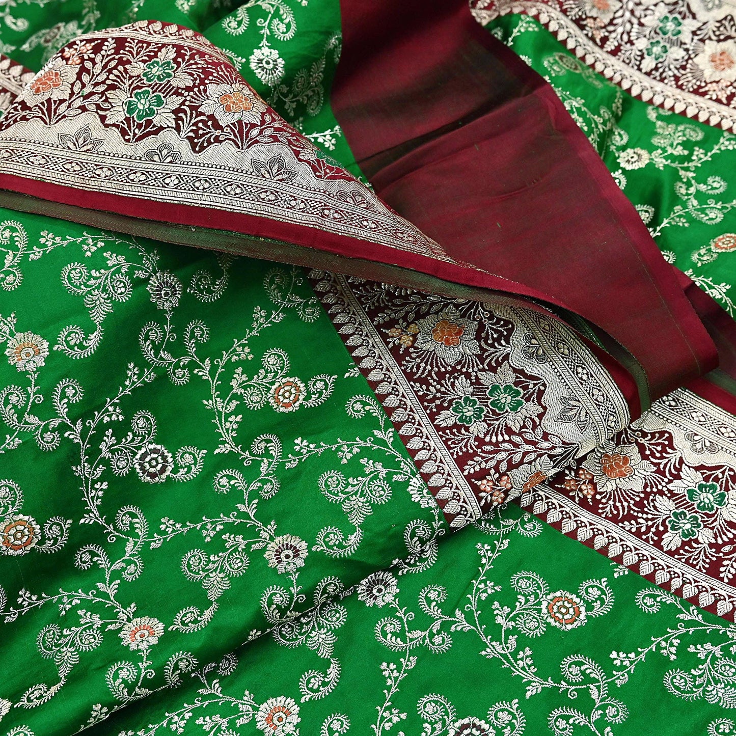Vintage Banarasi Saree Pure Satin Silk Woven Brocade Zari Fabric Maroon & Green Heavy Craft Sari 5 Yards Indian Antique Textile Dress Making