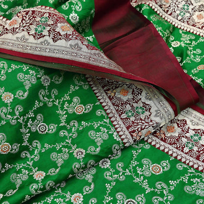 Vintage Banarasi Saree Pure Satin Silk Woven Brocade Zari Fabric Maroon & Green Heavy Craft Sari 5 Yards Indian Antique Textile Dress Making