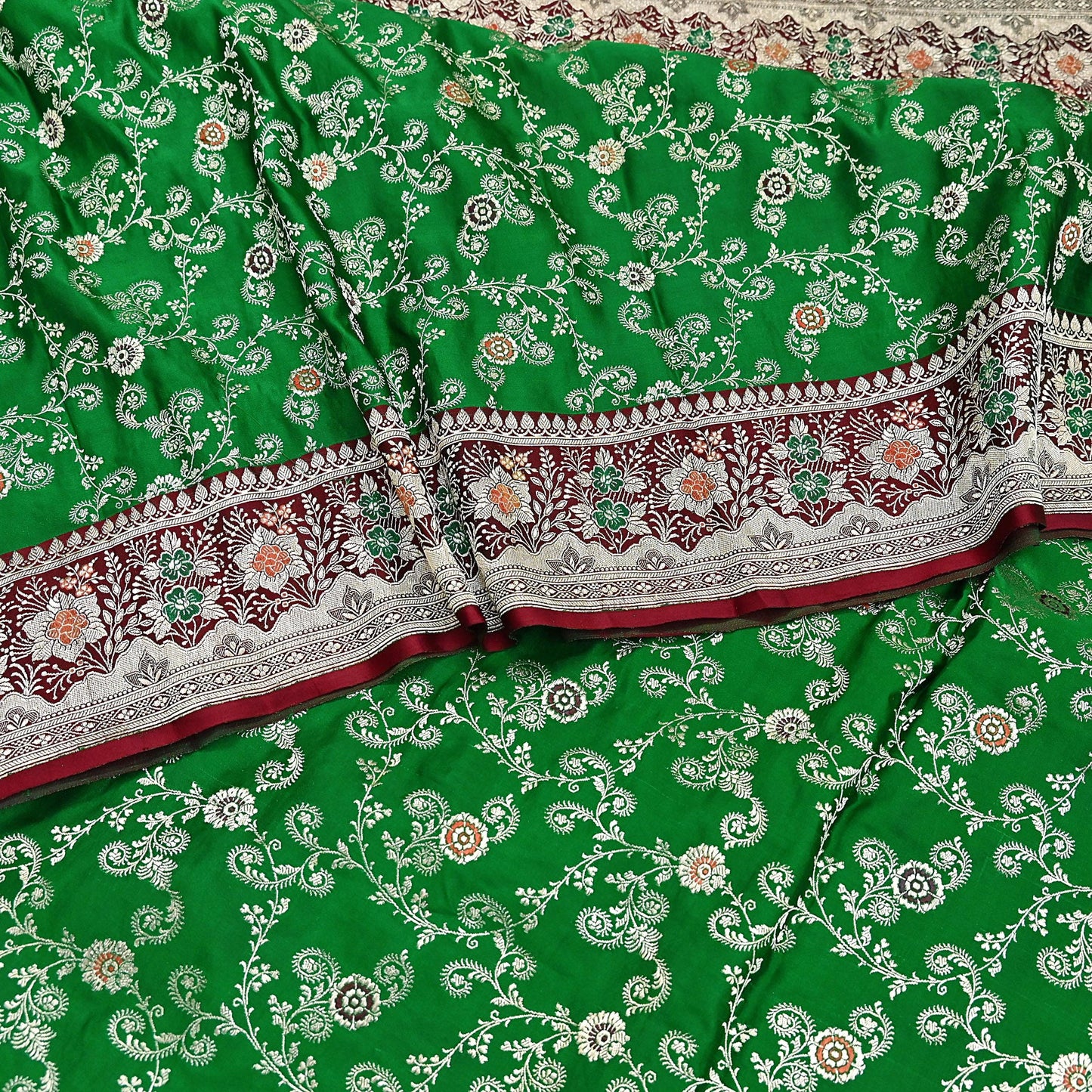 Vintage Banarasi Saree Pure Satin Silk Woven Brocade Zari Fabric Maroon & Green Heavy Craft Sari 5 Yards Indian Antique Textile Dress Making