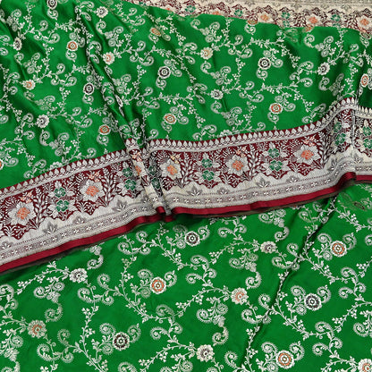 Vintage Banarasi Saree Pure Satin Silk Woven Brocade Zari Fabric Maroon & Green Heavy Craft Sari 5 Yards Indian Antique Textile Dress Making