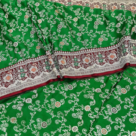 Vintage Banarasi Saree Pure Satin Silk Woven Brocade Zari Fabric Maroon & Green Heavy Craft Sari 5 Yards Indian Antique Textile Dress Making