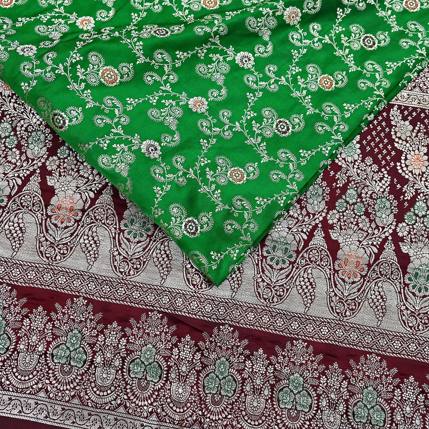 Vintage Banarasi Saree Pure Satin Silk Woven Brocade Zari Fabric Maroon & Green Heavy Craft Sari 5 Yards Indian Antique Textile Dress Making