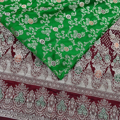 Vintage Banarasi Saree Pure Satin Silk Woven Brocade Zari Fabric Maroon & Green Heavy Craft Sari 5 Yards Indian Antique Textile Dress Making