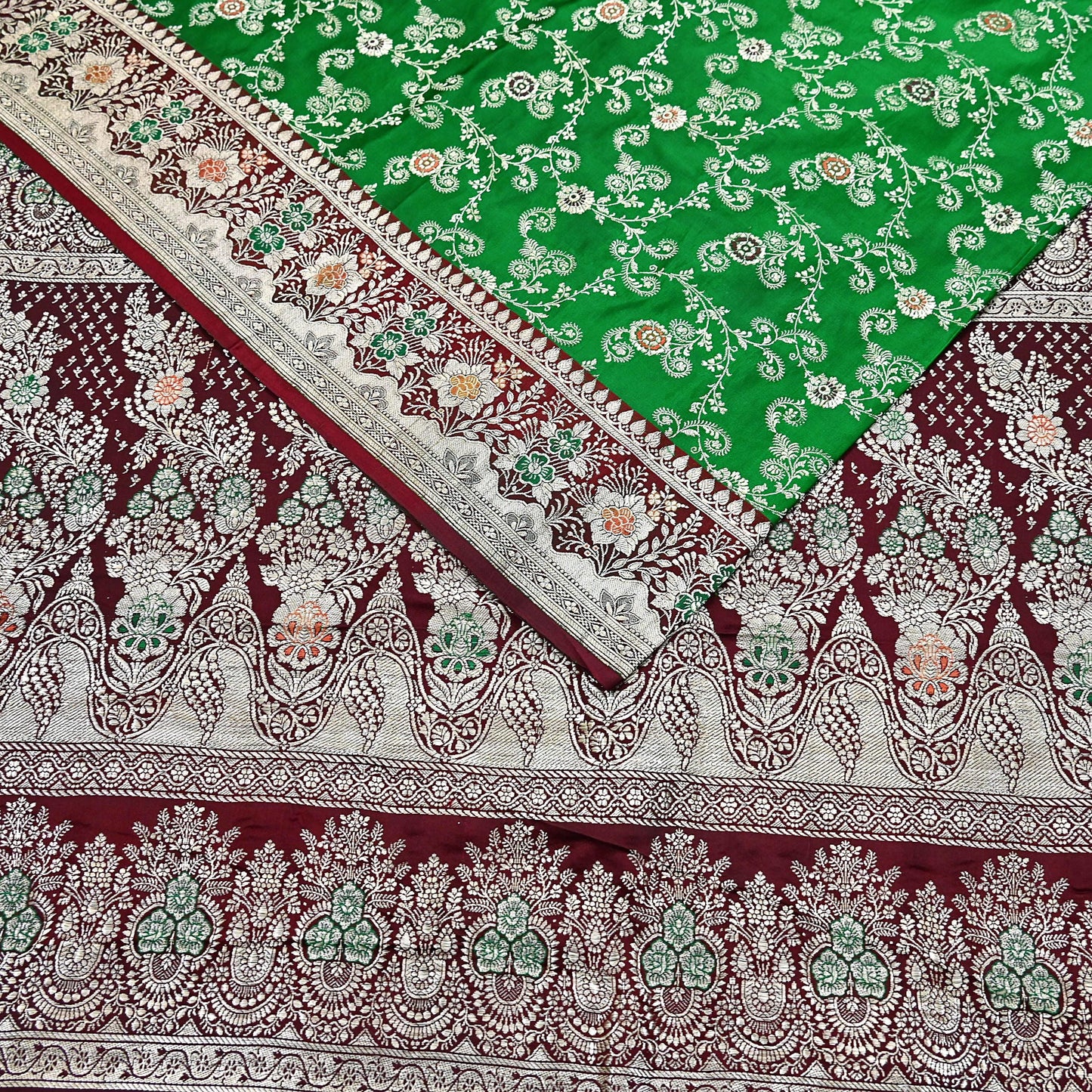 Vintage Banarasi Saree Pure Satin Silk Woven Brocade Zari Fabric Maroon & Green Heavy Craft Sari 5 Yards Indian Antique Textile Dress Making
