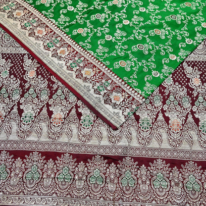 Vintage Banarasi Saree Pure Satin Silk Woven Brocade Zari Fabric Maroon & Green Heavy Craft Sari 5 Yards Indian Antique Textile Dress Making