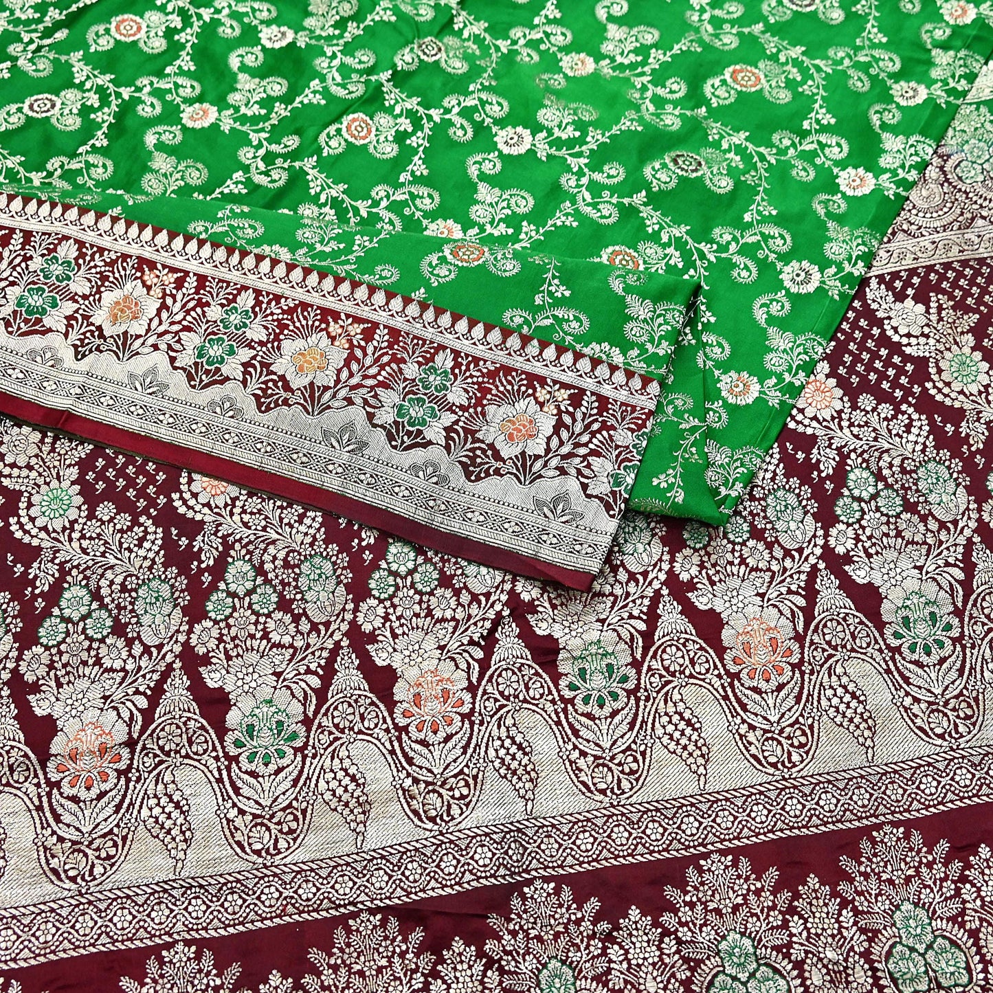Vintage Banarasi Saree Pure Satin Silk Woven Brocade Zari Fabric Maroon & Green Heavy Craft Sari 5 Yards Indian Antique Textile Dress Making