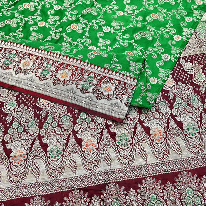 Vintage Banarasi Saree Pure Satin Silk Woven Brocade Zari Fabric Maroon & Green Heavy Craft Sari 5 Yards Indian Antique Textile Dress Making