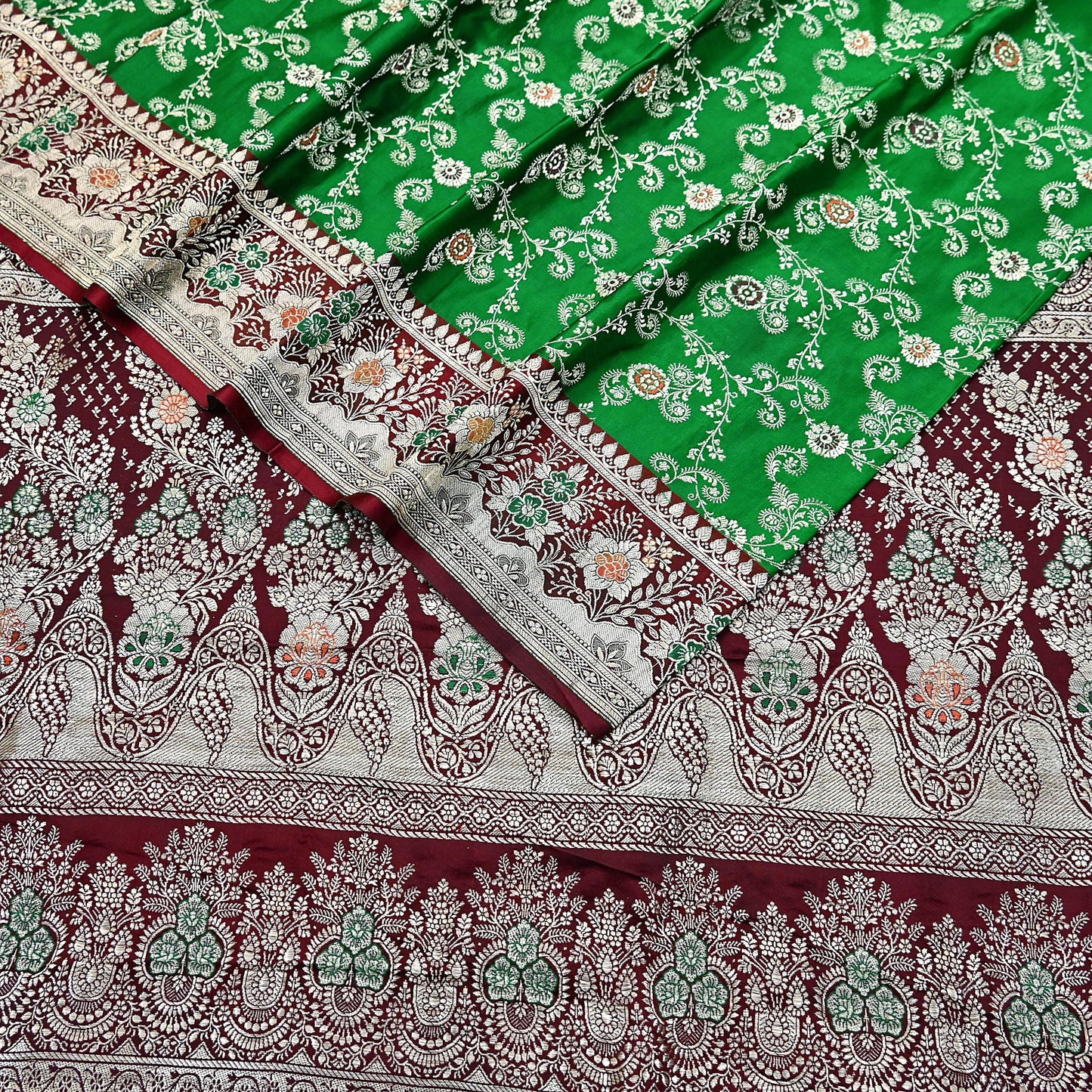 Vintage Banarasi Saree Pure Satin Silk Woven Brocade Zari Fabric Maroon & Green Heavy Craft Sari 5 Yards Indian Antique Textile Dress Making