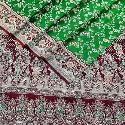 Vintage Banarasi Saree Pure Satin Silk Woven Brocade Zari Fabric Maroon & Green Heavy Craft Sari 5 Yards Indian Antique Textile Dress Making