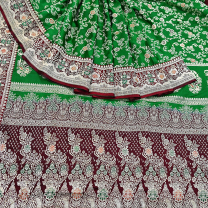 Vintage Banarasi Saree Pure Satin Silk Woven Brocade Zari Fabric Maroon & Green Heavy Craft Sari 5 Yards Indian Antique Textile Dress Making