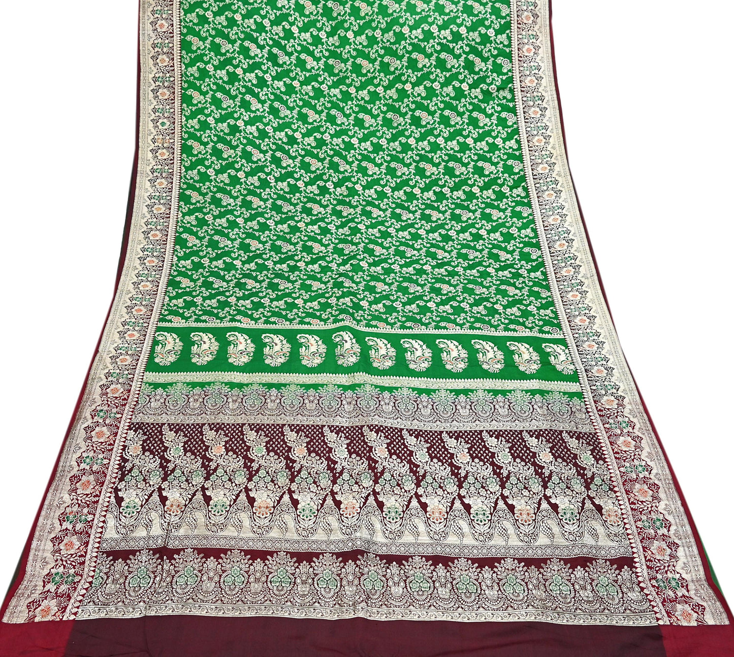 Vintage Banarasi Saree Pure Satin Silk Woven Brocade Zari Fabric Maroon & Green Heavy Craft Sari 5 Yards Indian Antique Textile Dress Making