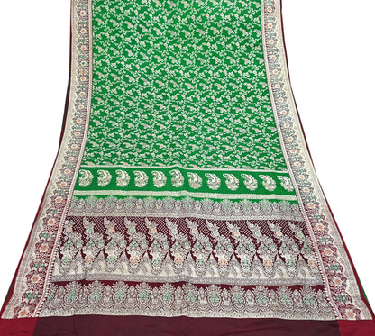 Vintage Banarasi Saree Pure Satin Silk Woven Brocade Zari Fabric Maroon & Green Heavy Craft Sari 5 Yards Indian Antique Textile Dress Making