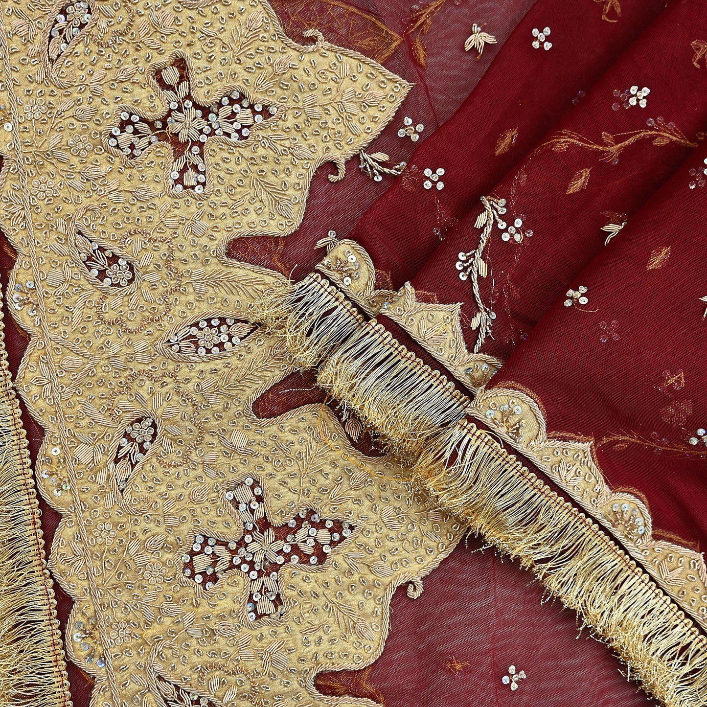 Indian Vintage Heavy Bridal Red Dupatta Net Mesh Long Stole Hand Embroidered Scarves Zardozi Dabka Wedding dupatta veil hijab Tissue Border