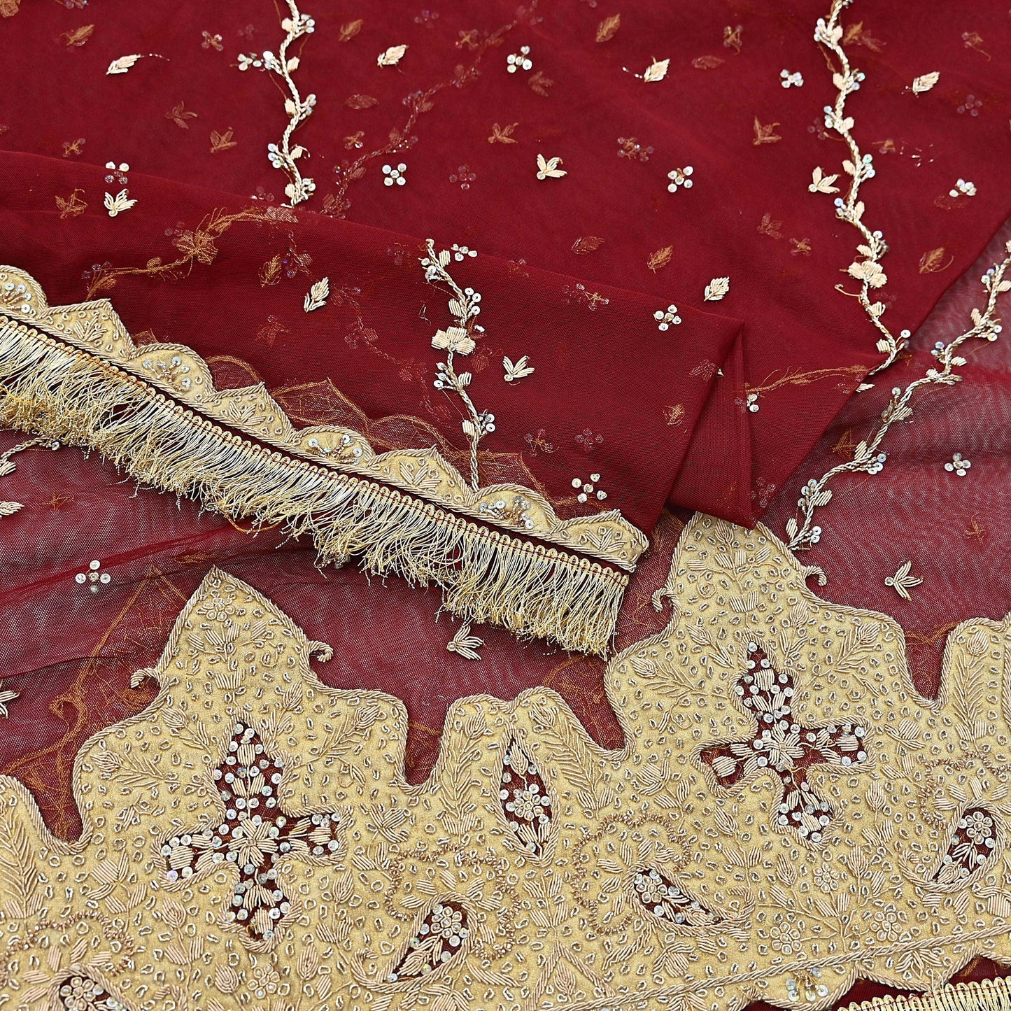 Indian Vintage Heavy Bridal Red Dupatta Net Mesh Long Stole Hand Embroidered Scarves Zardozi Dabka Wedding dupatta veil hijab Tissue Border