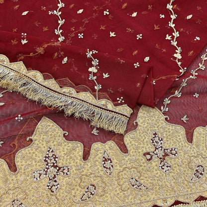 Indian Vintage Heavy Bridal Red Dupatta Net Mesh Long Stole Hand Embroidered Scarves Zardozi Dabka Wedding dupatta veil hijab Tissue Border