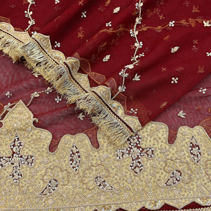 Indian Vintage Heavy Bridal Red Dupatta Net Mesh Long Stole Hand Embroidered Scarves Zardozi Dabka Wedding dupatta veil hijab Tissue Border