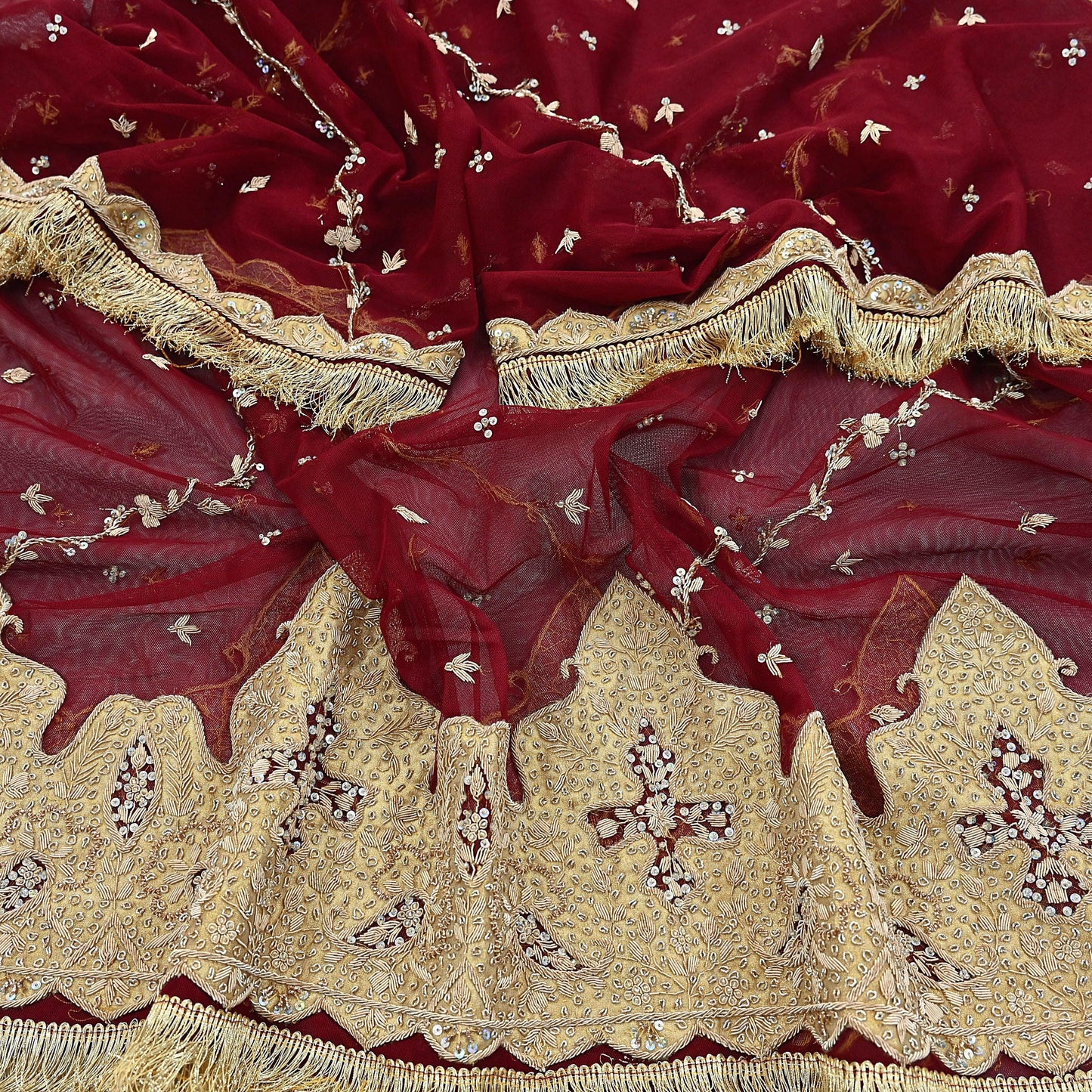 Indian Vintage Heavy Bridal Red Dupatta Net Mesh Long Stole Hand Embroidered Scarves Zardozi Dabka Wedding dupatta veil hijab Tissue Border