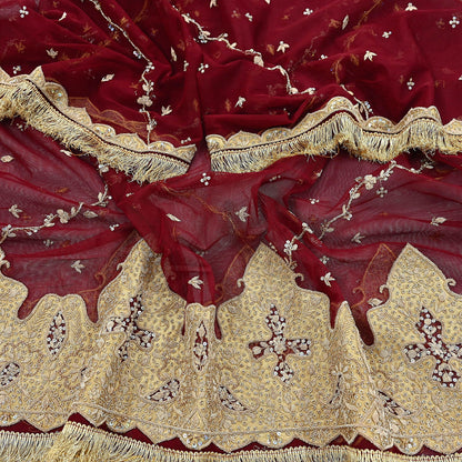 Indian Vintage Heavy Bridal Red Dupatta Net Mesh Long Stole Hand Embroidered Scarves Zardozi Dabka Wedding dupatta veil hijab Tissue Border