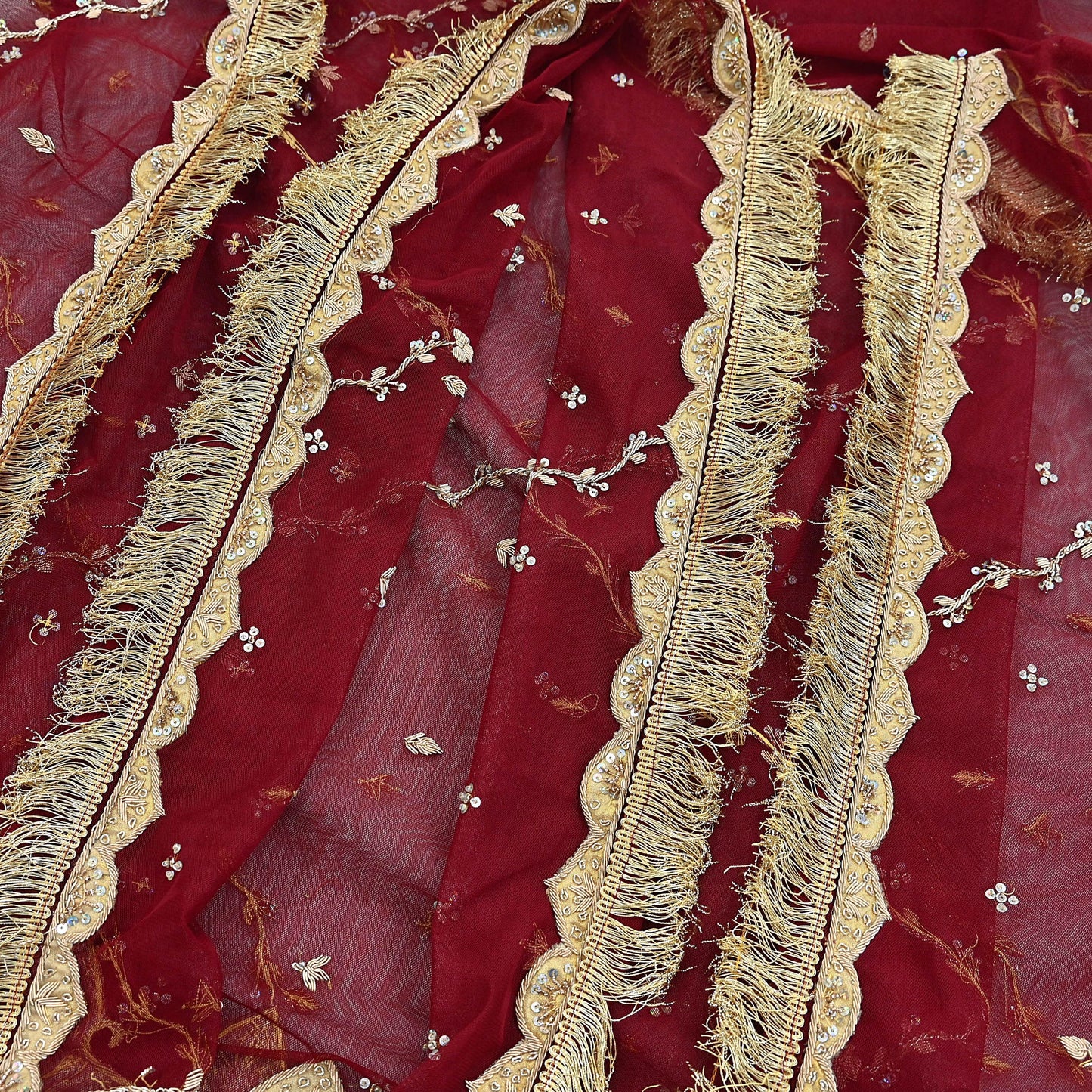 Indian Vintage Heavy Bridal Red Dupatta Net Mesh Long Stole Hand Embroidered Scarves Zardozi Dabka Wedding dupatta veil hijab Tissue Border